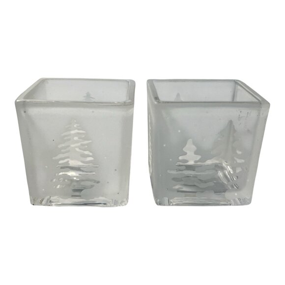 Partylite 2 Frosted Glass Christmas Tree Votive Candle Holders Square 2.5 inches - Picture 6 of 8